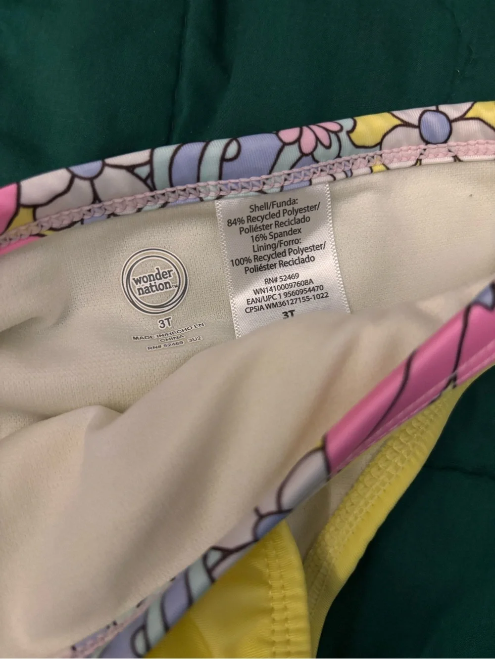 White Rash Guard with Multicolor Stitching & Yellow Bikini Bottoms